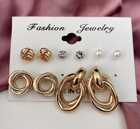 Gold plated 6 Pair Gorgeous Hoop and Stud Earrings For Women and Girls
