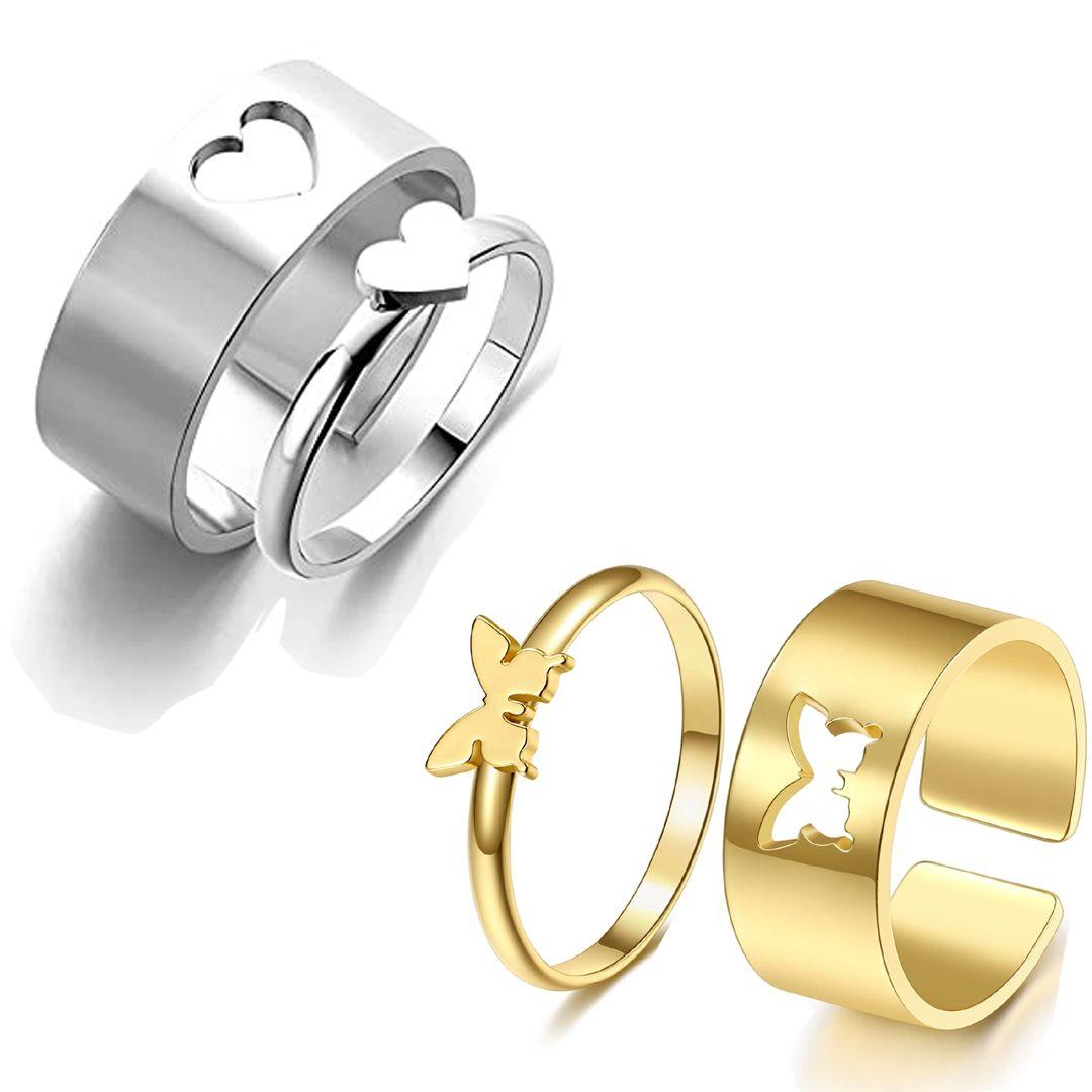 JEWELS Combo of 2 Gold and Silver Plated Butterfly and Heart Couple Rings